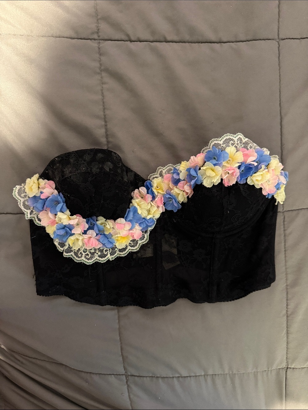 Black Bustier Top with Pastel Floral and Lace Trim
